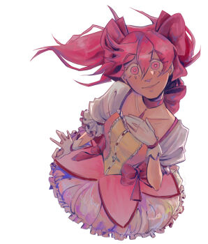  1girl bow bright_pupils bubble_skirt chest_jewel choker collarbone colored_eyelashes crazy_eyes dress eyelashes floating_hair frilled_dress frills gem gloves hair_bow highres kaname_madoka kaname_madoka_(magical_girl) light_blush light_smile looking_at_viewer magical_girl mahou_shoujo_madoka_magica mahou_shoujo_madoka_magica_(anime) multiple_hair_bows pink_bow pink_choker pink_dress pink_eyes pink_gemstone pink_hair puffy_short_sleeves puffy_sleeves sajgonka short_sleeves simple_background skirt solo square_neckline twintails upper_body white_background white_gloves white_pupils white_sleeves wide-eyed 