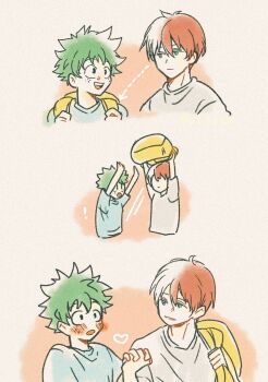 2boys ab12wa backpack bag blush boku_no_hero_academia bones_(company) freckles messy_hair midoriya_izuku multicolored_hair multiple_boys scar shounen_jump tododeku todoroki_shoto two-tone_hair