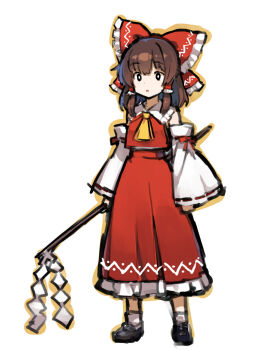  1girl asakura_maru ascot bare_shoulders black_shoes bow brown_hair commentary_request detached_sleeves frilled_bow frilled_hair_tubes frilled_skirt frills full_body gohei hair_bow hair_tubes hakurei_reimu highres holding holding_gohei medium_hair nontraditional_miko open_mouth red_bow red_shirt red_skirt ribbon-trimmed_sleeves ribbon_trim shirt shoes simple_background skirt sleeveless sleeveless_shirt socks solo standing touhou white_background white_socks yellow_ascot 