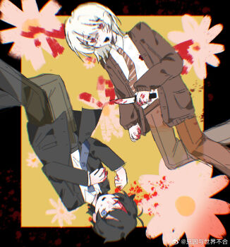  2boys akinashi_haru black_hair black_jacket black_pants blood blood_on_flower blue_eyes blue_necktie brown_cardigan brown_pants cardigan chinese_commentary circle_formation collared_shirt commentary_request crazy crying diagonal-striped_clothes diagonal-striped_necktie dress_shirt feet_out_of_frame fishinnnnnnn flower formal_clothes hands_up highres holding holding_knife jacket knife looking_at_viewer male_focus motion_blur multiple_boys necktie open_mouth outside_border pants pink_flower red_eyes red_necktie saihate_eki scared shirt striped_clothes suit_jacket tatsunami_shion white_hair white_shirt 