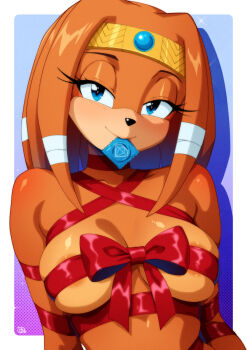  1990s_(style) 1girl animal_nose areola_slip arms_at_sides blue_background blue_eyes blue_gem blush body_fur border bound bow breasts closed_mouth collarbone condom condom_in_mouth condom_wrapper drop_shadow female_focus furry furry_female gem gem_(symbol) gold gravydood half-closed_eyes happy headband light_blush looking_at_viewer medium_breasts medium_hair mouth_hold naked_ribbon nose_blush orange_fur orange_hair outside_border red_bow red_ribbon retro_artstyle ribbon ribbon_bondage sidelocks simple_background skindentation smile solo sonic_(series) tikal_the_echidna upper_body white_border yellow_headband  rating:Questionable score:3 user:AngryZapdos
