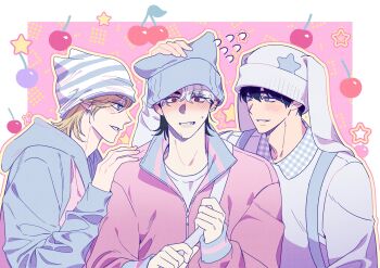  3boys animal_hat asdf_66 beanie blonde_hair blue_eyes blue_hair blue_hat blue_hoodie blush border cherry commentary_request eunho_(plave) fang food fruit hand_on_another's_head hand_on_another's_shoulder hat highres holding_strap hood hoodie jacket k-pop korean_commentary long_sleeves looking_at_another looking_at_viewer male_focus multiple_boys noah_(plave) open_mouth pink_jacket plave rabbit_hat red_eyes shirt smile star_(symbol) striped_hat upper_body white_border white_hair white_shirt yejun_(plave) 