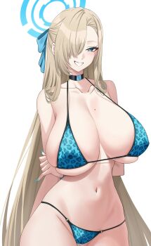 1girl alternate_costume animal_print arms_behind_back asuna_(blue_archive) bare_shoulders bikini blonde_hair blue_archive blue_bikini blue_eyes blue_halo blue_ribbon blush breasts choker cleavage collarbone commentary_request grin groin hair_over_one_eye hair_ribbon halo highres huge_breasts leopard_print long_hair looking_at_viewer mole mole_on_breast navel o-ring o-ring_bottom ribbon sideboob smile solo stomach suigetu26 swimsuit thighs underboob very_long_hair 