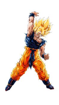 1boy absurdres arm_up battle_damage blonde_hair blood blood_from_mouth blood_on_face blue_boots blue_shirt boots commentary_request dragon_ball dragonball_z full_body green_eyes highres male_focus medium_hair muscular muscular_male nishitakuart orange_pants pants shirt simple_background solo son_goku spiked_hair super_saiyan torn_clothes torn_pants torn_shirt white_background 