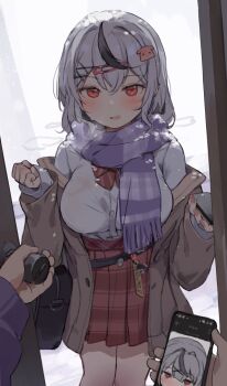  1girl black_streaks bow bowtie breasts breath brown_coat cellphone coat commentary grey_hair hair_ornament highres holding holding_phone hololive large_breasts long_sleeves looking_at_viewer miniskirt multicolored_hair off_shoulder official_alternate_costume open_mouth orobou paid_reward_available phone plaid_clothes plaid_skirt pleated_skirt pov pov_hands purple_scarf red_bow red_bowtie red_eyes red_skirt sakamata_chloe sakamata_chloe_(gyarumata) scarf school_uniform shirt short_hair skirt smartphone solo_focus streaked_hair symbol-only_commentary virtual_youtuber white_shirt x_hair_ornament 