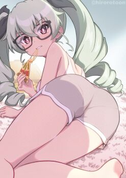  1girl anchovy_(girls_und_panzer) ass ass_focus back bare_shoulders black-framed_eyewear black_ribbon blush brown_eyes commentary_request covered_erect_nipples drill_hair eating ehirorotoon food from_behind girls_und_panzer green_background green_hair grey_shorts hair_between_eyes highres holding holding_food holding_pizza long_hair looking_at_viewer looking_back lying multiple_hair_ribbons on_rug on_stomach pantylines pizza pizza_box ribbon shorts shoulder_blades soles solo tank_top teeth thighs thighs_together tsurime twin_drills two-tone_background white_background 