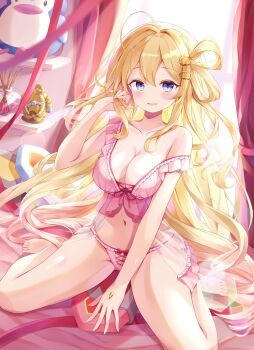  1girl ahoge battle_spirits blonde_hair blue_eyes breasts cleavage commentary_request curtains hair_ornament hair_rings hand_jewel haundo_b highres holding holding_own_hair indoors large_breasts long_hair navel nightgown open_mouth panties pink_panties rei_ooba sitting solo stuffed_animal stuffed_penguin stuffed_toy underwear very_long_hair wariza 