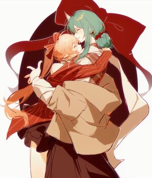  2girls alternate_costume arknights bow brown_jacket brown_skirt casual closed_eyes cowboy_shot earrings from_side green_hair hair_bow hair_bun haruka_(arknights) highres horns hoshiguma_(arknights) hug jacket jewelry long_hair long_sleeves multiple_girls pointy_ears ponytail profile red_bow red_jacket single_horn skin-covered_horns skirt smile standing wushui_zhan_nao_geng 