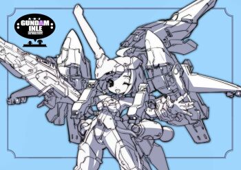 1girl advance_of_zeta advance_of_zeta_re-boot ahoge armpits blue_background breasts commentary_request cowboy_shot gun gundam hizack holding holding_gun holding_weapon huge_ahoge kenki_fujioka leotard logo looking_at_viewer mecha mecha_musume medium_breasts one_eye_closed open_hand open_mouth outstretched_arm personification robot science_fiction short_hair sideboob sidelocks simple_background smile solo spread_fingers standing teeth thighs upper_teeth_only weapon 