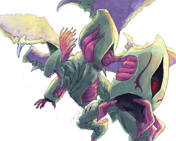  1other 2021 aomon_(yuuji7604) arcadiamon_(ultimate) armor commentary_request dated digimon digimon_(creature) dragon_wings from_side medium_hair multiple_wings no_eyes no_humans open_mouth outstretched_arms red_hair sharp_teeth shoulder_armor signature simple_background solo spread_arms teeth white_background wings 