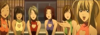  anime_screenshot black_hair blonde_hair blue_dress breasts brown_hair cleavage death_note dress green_dress happy multiple_girls pink_dress red_dress sitting smile stitched take_your_pick third-party_edit yellow_dress  rating:Sensitive score:3 user:retsupurae