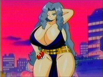  1girl black_dress breasts city cleavage dress female_focus grey_hair holding holding_poke_ball huge_breasts karen_(pokemon) loincloth long_hair lueduar nintendo one_eye_closed outdoors poke_ball pokemon pokemon_gsc retro_artstyle shiny_skin sky smile solo standing sunset thick_thighs thighs wink  rating:Questionable score:3 user:Orphan_crippler