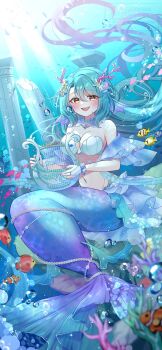  1girl air_bubble bare_shoulders bikini blue_hair blurry blurry_foreground blush breasts bridal_gauntlets bubble cleavage column_lineup_background commentary_request coral detached_collar fins fish frills groin hair_between_eyes hair_flowing_over hair_ornament harp head_fins highres instrument jewelry large_breasts long_hair looking_at_viewer mermaid momomoyn monster_girl nail_polish navel necklace on_rock open_mouth original pearl_necklace pearl_ring pillar purple_nails sash shell shell_bikini sidelocks single_bridal_gauntlet sitting smile solo starfish swimsuit tail tail_ornament tail_ring teeth tropical_fish underwater underwater_city upper_teeth_only yellow_eyes 
