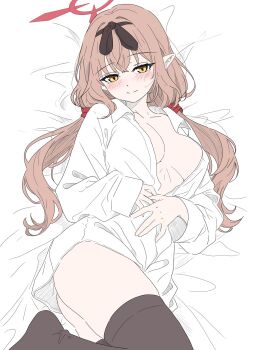  1girl black_hairband black_thighhighs blue_archive blush breasts brown_hair chinatsu_(blue_archive) closed_mouth collared_shirt emjookang hairband halo highres large_breasts long_hair looking_at_viewer low_twintails no_bra no_panties partially_open_shirt pointy_ears red_halo shirt smile solo thighhighs twintails white_shirt 