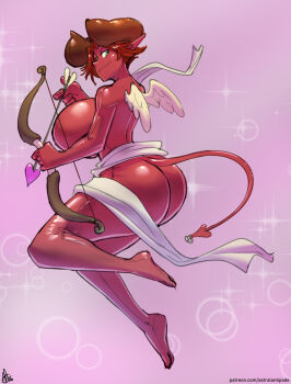  1girl angel_wings arrow_(projectile) astralantipode bodysuit bow_(weapon) breasts closed_mouth colored_skin cupid demon_girl demon_horns demon_tail flying from_side full_body green_eyes holding holding_bow_(weapon) holding_weapon horns huge_breasts looking_at_viewer looking_to_the_side original pointy_ears red_bodysuit red_hair red_skin short_hair sideboob signature smile soles solo tail weapon wings 