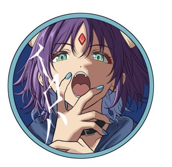  1girl black_choker blue_hair blue_hoodie blue_nails character_name cho_kaguya-hime! choker colored_inner_hair commentary_request forehead_jewel girls_band_cry green_eyes hand_up highres hood hood_down hoodie looking_at_viewer macqueen7777 medium_hair multicolored_hair nail_polish open_mouth purple_hair sakayori_iroha solo teeth translated 