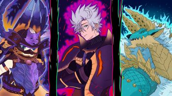  120_of_their_potential_(meme) absurdres felyne highres lavasioth_(armor) meme monster_hunter:_world monster_hunter_(character) monster_hunter_(series) non-web_source rey_dau_(armor) zinogre 