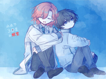  2boys bags_under_eyes black_hair black_pants blue_background blue_jacket blue_necktie closed_eyes coat collared_shirt commentary_request crossed_ankles dress_shirt highres hyoutenka_30-do_no_zetsubou jacket kuchinashi_dabi looking_at_another male_focus medium_hair mimi_utlove mole mole_under_eye multiple_boys necktie pants red_hair shirt short_hair sitting swept_bangs tonimura_yui white_coat 