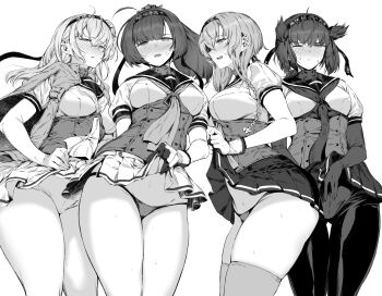  4girls ahoge akizuki_(kancolle) bacius blush bodysuit braid breasts clothes_lift gloves greyscale hair_ornament hairband hatsuzuki_(kancolle) headband highres kantai_collection large_breasts lifting_own_clothes long_hair looking_at_viewer medium_breasts monochrome multiple_girls neckerchief nose_blush one_eye_closed open_mouth panties pantyhose pleated_skirt ponytail sailor_collar school_uniform serafuku short_hair short_sleeves simple_background skindentation skirt skirt_lift striped_clothes striped_panties suzutsuki_(kancolle) sweatdrop teruzuki_(kancolle) thighhighs thighs twin_braids underwear white_background  rating:Sensitive score:37 user:danbooru