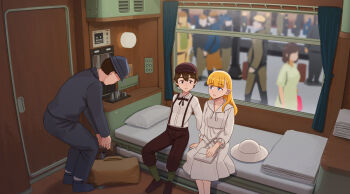  1boy 2girls abubu bed blonde_hair blue_eyes blunt_bangs brown_eyes brown_hair brown_hat brown_pants brown_shoes closed_mouth collared_shirt commentary commentary_request crossdressing dress english_commentary green_socks grey_hat grey_jacket grey_pants grey_shoes hat highres indoors jacket long_hair long_sleeves mixed-language_commentary multiple_girls open_mouth original pants shirt shoes short_hair smile socks suspender_pants suspenders tomboy train_interior unworn_hat unworn_headwear very_short_hair white_bag white_dress white_hat white_shirt window 