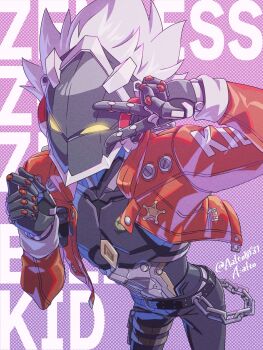  1boy aalto1031 belt billy_kid black_pants chain character_name clothed_robot commentary_request copyright_name cowboy_shot highres humanoid_robot jacket leaning_forward looking_at_viewer male_focus pants purple_background red_jacket robot robot_boy sheriff_badge solo spiked_hair studded_belt twitter_username v v_over_eye white_hair yellow_eyes zenless_zone_zero 