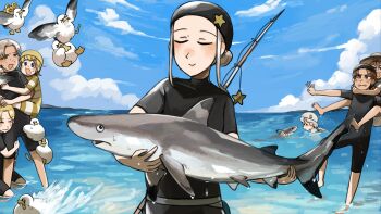  >_< 6+girls baby_animal bird black_wetsuit blonde_hair blue_eyes brown_eyes brown_hair bunny_nun_(diva) chicken clumsy_nun_(diva) commentary diva_(hyxpk) duck duckling english_commentary fishing_rod glasses glasses_nun_(diva) grey_hair hair_ornament hat highres hungry_nun_(diva) little_nuns_(diva) mole mole_on_cheek mole_under_mouth multiple_girls ocean old-fashioned_swimsuit one-piece_swimsuit rabbit_hair_ornament round_eyewear scared seagull shark smile smug_nun_(diva) springsuit star_nun_(diva) star_ornament strict_nun_(diva) striped_clothes striped_one-piece_swimsuit swim_cap swimsuit yellow_one-piece_swimsuit 