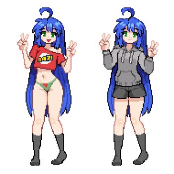  ahoge ankle_socks blue_hair commission green_eyes green_panties happy hood hoodie izumi_konata long_hair lucky_star off_shoulder open_mouth panties peace_symbol pixel_art short_shorts shorts sim0n404 simple_background smile socks stomach tagme thighs tongue tongue_out underwear white_background  rating:Sensitive score:16 user:mysecretlewd