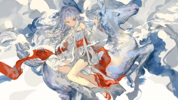  absurdres animal chinese_zodiac closed_mouth commentary_request grey_hair grey_kimono highres horse ichika_(ichika87) japanese_clothes kimono long_hair long_sleeves no_socks obi off_shoulder orange_eyes original red_sandals sandals sash solo very_long_hair wide_sleeves year_of_the_horse zouri 