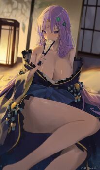  1girl absurdres bare_shoulders black_kimono braid breasts cleavage commentary crescent crescent_facial_mark facial_mark flower folding_fan forehead_mark hair_flower hair_intakes hair_ornament hand_fan highres holding holding_fan hololive hololive_indonesia indoors japanese_clothes kanzashi kimono large_breasts long_hair long_sleeves looking_at_viewer moona_hoshinova moona_hoshinova_(new_year) off_shoulder official_alternate_costume official_alternate_hairstyle purple_eyes purple_hair side_braids sitting solo very_long_hair virtual_youtuber wide_sleeves zargaz 