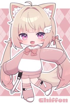  1girl :3 :d ahoge akikan_sabako animal_ear_fluff animal_ears argyle_background artist_name blonde_hair blunt_bangs blush_stickers bow bowtie character_name chibi chibi_only chiffon_(vrchat) commentary_request fangs fox_ears fox_girl fox_tail full_body hair_bow hair_intakes highres jacket kneehighs letterboxed long_hair long_sleeves looking_at_viewer open_mouth outline outside_border pink_background pink_eyes pink_jacket pink_shorts pink_socks red_bow red_bowtie sailor_collar shoes shorts sidelocks sleeves_past_fingers sleeves_past_wrists smile socks solo standing standing_on_one_leg tail track_jacket twintails very_long_hair vrchat white_outline white_sailor_collar white_shoes 