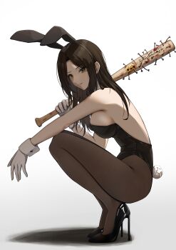  1girl absurdres animal_ears baseball_bat black_corset black_hair black_pantyhose breasts commentary_request corset daiko_(dai1974910) fake_animal_ears from_side highres holding holding_baseball_bat idolmaster idolmaster_cinderella_girls large_breasts long_hair mukai_takumi nail_(hardware) nail_bat pantyhose playboy_bunny rabbit_ears shadow sideboob simple_background solo white_background wrist_cuffs 