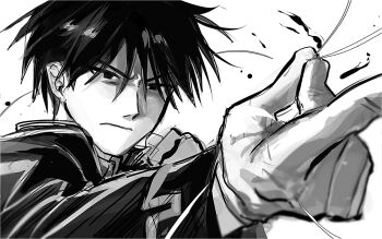  1boy closed_mouth fullmetal_alchemist gloves greyscale hashtag-only_commentary highres male_focus monochrome n0nlife powering_up roy_mustang short_hair simple_background solo white_background 