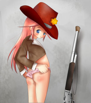  1girl adjusting_clothes adjusting_panties ass blush catnip_(artist) cowboy_hat cowboy_western female_focus gun hat loli looking_back original panties shiny_skin underwear weapon 
