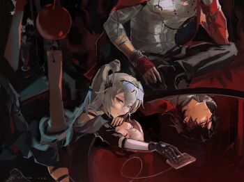  1boy 1girl bandaged_torso beads black_hair blade_(elation)_(honkai:_star_rail) blade_(honkai:_star_rail) bracelet commentary double-parted_bangs english_commentary eyewear_on_head gauntlets grey_hair hair_ornament highres honkai:_star_rail honkai_(series) indoors jacket jewelry leaning looking_at_viewer necklace off_shoulder open_clothes open_jacket ponytail reflection reflective_table silver_wolf_(elation)_(honkai:_star_rail) silver_wolf_(honkai:_star_rail) thigh_strap trina_tsk7 