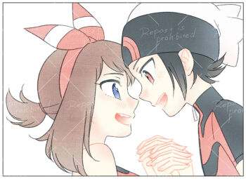 1boy 1girl backwards_hat beanie black_hair blue_eyes bow bow_hairband brendan_(pokemon) brown_hair commentary_request fang hairband hat headband holding_hands may_(pokemon) medium_hair nintendo open_mouth pokemon pokemon_adventures red_eyes red_hairband red_shirt shirt simple_background smile wakaba_56 watermark white_background white_hat