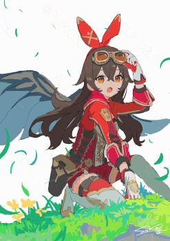  1girl adjusting_eyewear amber_(100_outrider)_(genshin_impact) amber_(genshin_impact) belt boots brown-tinted_eyewear brown_eyes brown_hair crossed_bangs eyewear_on_head genshin_impact gloves goggles goggles_on_head grass hair_between_eyes hair_ribbon hand_up hashtag-only_commentary highres jacket long_hair long_sleeves looking_at_viewer on_ground on_one_knee open_mouth pouch red_gloves red_jacket red_ribbon red_shorts red_thighhighs ribbon schop shorts signature simple_background solo thigh_belt thigh_boots thigh_strap thighhighs tinted_eyewear two-sided_gloves white_background white_boots white_gloves wind_glider 