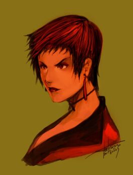  1girl breasts brown_eyes brown_hair dress earrings falcoon female_focus formal_clothes jewelry large_breasts short_hair suit tan the_king_of_fighters vice_(kof) 