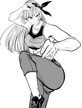  1girl breasts clenched_hand commentary_request crane_stance fighting_stance greyscale hairband hatching_(texture) highres lee_(dragon_garou) long_hair medium_breasts midriff monochrome original pants shoes smile sneakers solo sports_bra standing standing_on_one_leg yoga_pants 