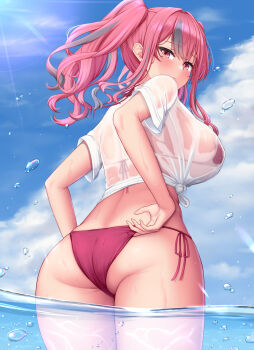 1girl ass azur_lane bikini blue_sky blush breasts bremerton_(azur_lane) bubble closed_mouth cloud commentary from_behind grey_hair highres large_breasts long_hair melopun mole mole_under_eye multicolored_hair outdoors partially_submerged pink_bikini pink_hair see-through_clothes shirt short_sleeves side-tie_bikini_bottom sky streaked_hair swimsuit thick_thighs thighs twintails water wet wet_clothes wet_shirt white_shirt rating:Sensitive score:79 user:danbooru