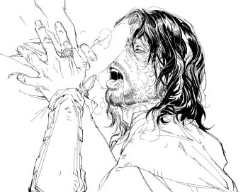  2boys aragorn arm_guards beard black_hair blank_censor censored commentary_request cum cum_string drooling eliza_fox erection facial_hair hood jewelry looking_at_penis male_focus medium_hair multiple_boys open_mouth oral parted_hair penis ring saliva shirt solo_focus the_lord_of_the_rings tolkien's_legendarium tongue tongue_out wavy_hair yaoi 