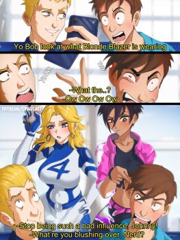  2boys 2girls blonde_hair blue_bodysuit blue_eyes blush bodysuit breasts brown_hair commentary crop_top dispatch english_commentary fantastic_four hair_between_eyes highres invisible invisigal_(dispatch) johnny_storm long_hair looking_at_viewer marvel marvel_rivals multicolored_bodysuit multiple_boys multiple_girls opalis partially_invisible power_connection robert_robertson short_hair smile sue_storm superhero_costume trait_connection two-tone_bodysuit white_bodysuit 