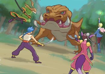  2boys 2girls battle blue_hair breath_of_fire breath_of_fire_iv dress feathered_wings full_body gloves gun gurata hairband holding holding_gun holding_staff holding_sword holding_weapon monster multiple_boys multiple_girls nina_(breath_of_fire_iv) outdoors pantyhose ryu_(breath_of_fire_iv) scias short_hair staff standing sword tree ursula_(breath_of_fire) weapon wings 