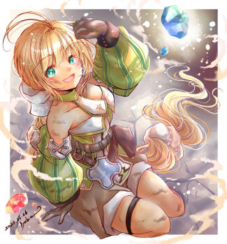  1girl absurdres black_gloves blonde_hair bow breasts choker commentary_request full_body gloves green_eyes highres jewelry kyabia long_hair looking_at_viewer multi-tied_hair nature open_mouth ponytail ribbon saga saga_frontier_2 shorts smile solo very_long_hair virginia_knights 
