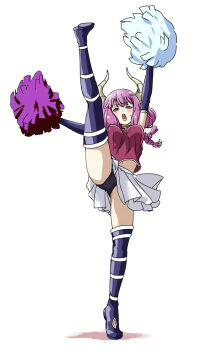  1girl :o arm_up aura_(sousou_no_frieren) black_panties blue_boots blue_eyes blush boots braid breasts cheerleader commentary elbow_gloves gloves highres horns knee_boots leg_lift leg_up looking_at_viewer medium_breasts panties pleated_skirt pom_pom_(cheerleading) purple_hair red_shirt shirt simple_background skirt solo sousou_no_frieren split standing standing_on_one_leg standing_split torako_(toramaru) underwear white_background white_skirt 