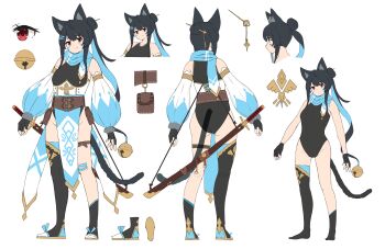 1girl absurdres animal_ears asymmetrical_footwear bare_shoulders bell black_boots black_hair black_leotard blue_hair blue_scarf blue_sleeves boots breasts cat_ears cat_girl cat_tail colored_inner_hair commentary_request detached_sleeves hair_bell hair_bun hair_ornament highres jingle_bell leotard long_hair long_sleeves multicolored_hair multiple_views ninja original pelvic_curtain red_eyes scarf sheath sheathed single_hair_bun single_thigh_boot small_breasts sword tail thigh_boots uneven_footwear wanitaroo._(waniwani_panic) weapon 