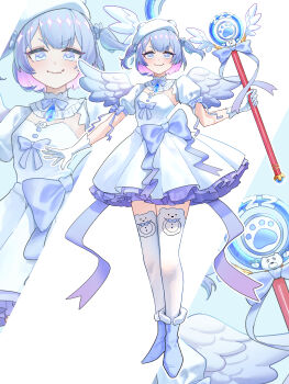  1girl absurdres angel blue_eyes blush bow bowtie commentary_request frilled_skirt frills gloves hat highres holding holding_staff isuka_(isuka_83) magical_girl multicolored_hair original ribbon short_hair skirt smile staff thighhighs white_gloves white_thighhighs wings 
