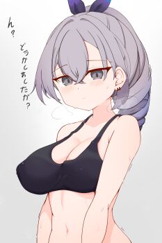  absurdres alternate_breast_size alternate_costume belly breasts covered_erect_nipples green_hair grey_eyes highres honkai:_star_rail honkai_(series) large_breasts looking_at_viewer lyz_ya medium_breasts navel ponytail silver_wolf_(honkai:_star_rail) sports_bra sportswear steam steaming_body sweat sweatdrop tank_top translated trembling  rating:Explicit score:31 user:kevinreyesc
