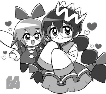  2girls braid crown fairy fairy_wings freckles glasses greyscale heart highres kirby_(series) kirby_64 kusaremix long_hair low_twin_braids monochrome multiple_girls nintendo open_mouth ribbon_(kirby) ripple_star_queen simple_background sleeves_past_fingers sleeves_past_wrists smile twin_braids white_background wings 