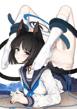  1girl absurdres animal_ear_fluff animal_ears ass backbend black_eyes black_hair black_nails black_ribbon blue_archive blue_neckerchief blue_sailor_collar blue_skirt blush breasts cat_ears cat_girl cat_tail chest_stand closed_mouth collarbone commentary_request contortion feet fingernails flexible full_body highres hyouta_(yoneya) kikyou_(blue_archive) long_sleeves looking_at_viewer lying medium_breasts multiple_tails nail_polish neck_ribbon neckerchief no_shoes on_stomach panties ribbon sailor_collar school_uniform serafuku short_hair simple_background skirt skirt_flip socks solo tabi tail tail_around_own_leg thighs toes two_tails underwear white_background white_panties white_socks wooden_floor 