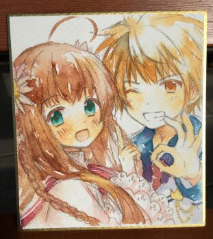  1boy 1girl :d ;d ahoge blush braid brown_hair chogi colored_eyelashes dress flower frilled_sleeves frills green_eyes grin hair_between_eyes hair_flower hair_ornament hair_over_shoulder hand_up happy highres index_finger_raised jacket kanbe_kotori kazamatsuri_institute_high_school_uniform long_hair long_sleeves looking_at_viewer necktie ok_sign one_eye_closed open_mouth orange_eyes orange_hair photo_(medium) pink_dress pink_flower red_necktie rewrite school_uniform shikishi short_hair simple_background smile spiked_hair tennouji_kotarou traditional_media twin_braids upper_body v-shaped_eyebrows white_background white_jacket wide_sleeves 